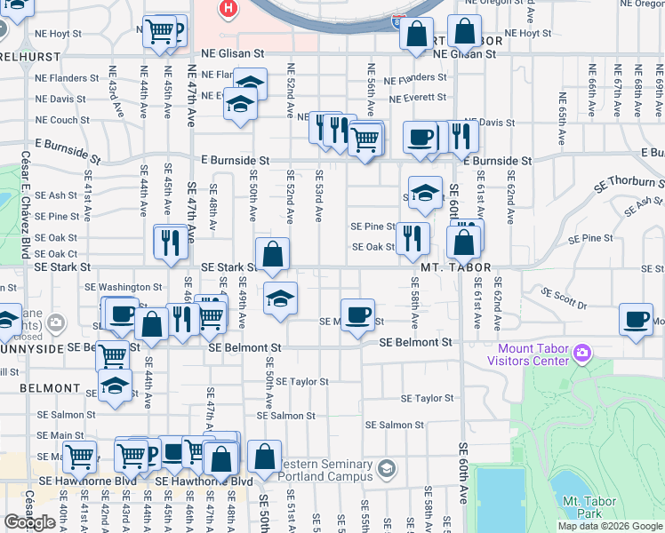 map of restaurants, bars, coffee shops, grocery stores, and more near 510 Southeast 53rd Avenue in Portland