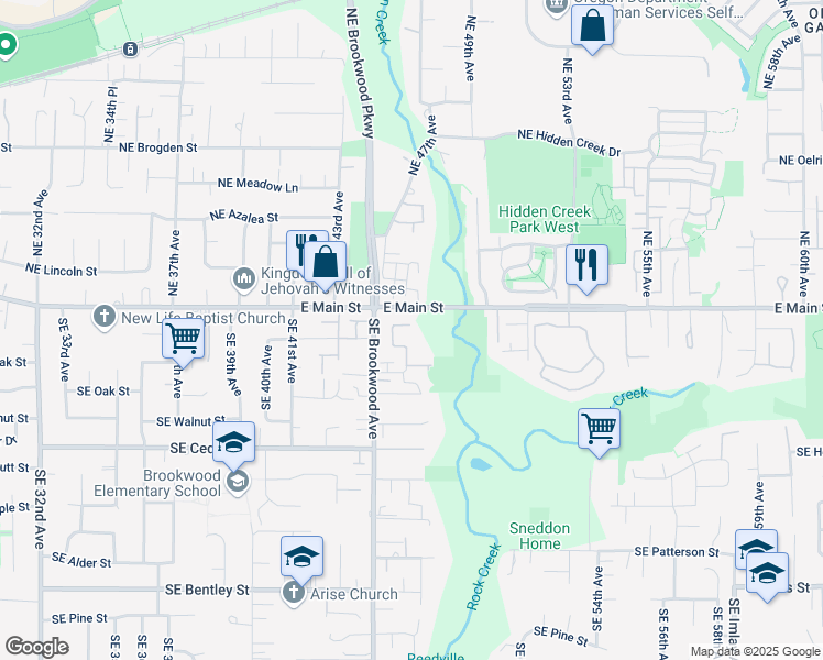 map of restaurants, bars, coffee shops, grocery stores, and more near 4724 East Main Street in Hillsboro