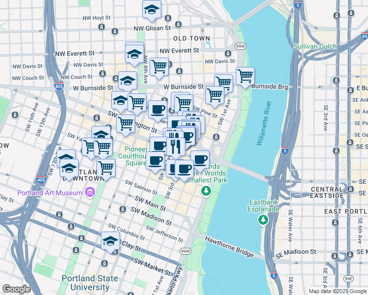 map of restaurants, bars, coffee shops, grocery stores, and more near 519 Southwest 3rd Avenue in Portland