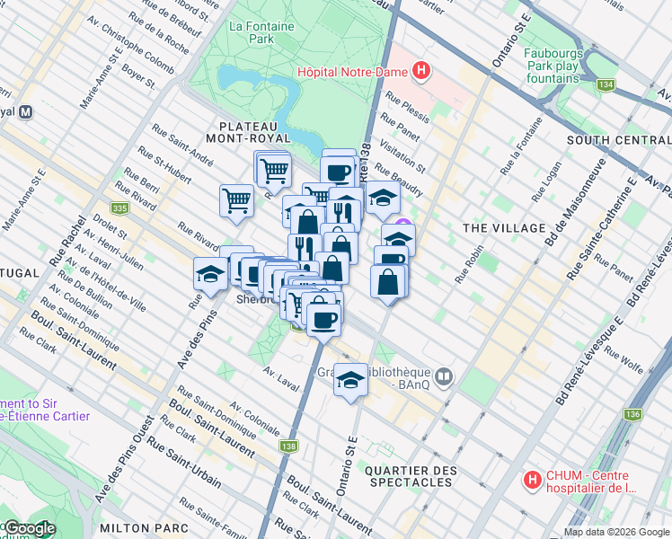 map of restaurants, bars, coffee shops, grocery stores, and more near 801 Rue Sherbrooke Est in Montréal