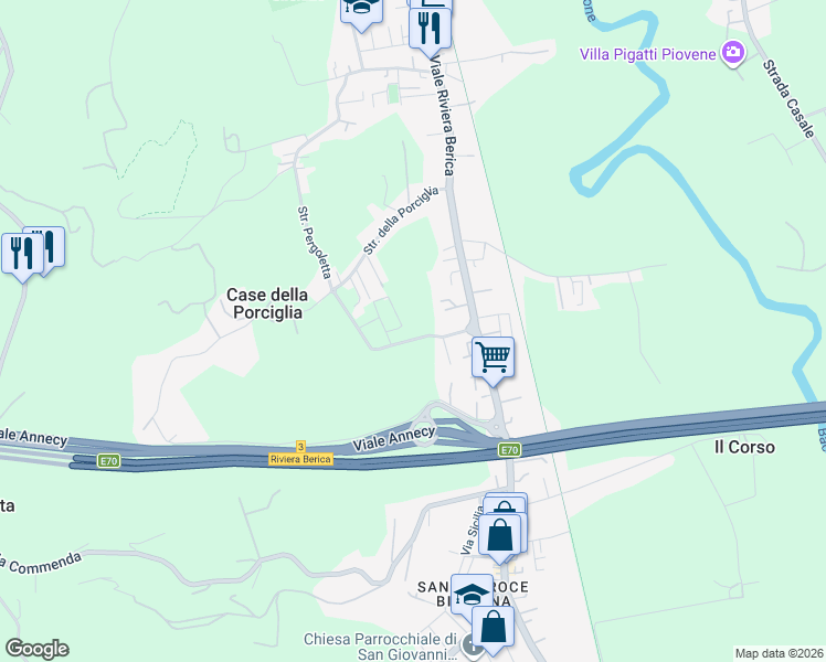 map of restaurants, bars, coffee shops, grocery stores, and more near Strada della Porciglia in Vicenza