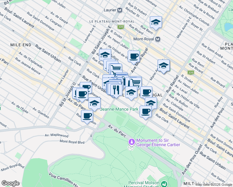 map of restaurants, bars, coffee shops, grocery stores, and more near 73 Avenue du Mont-Royal Ouest in Montréal