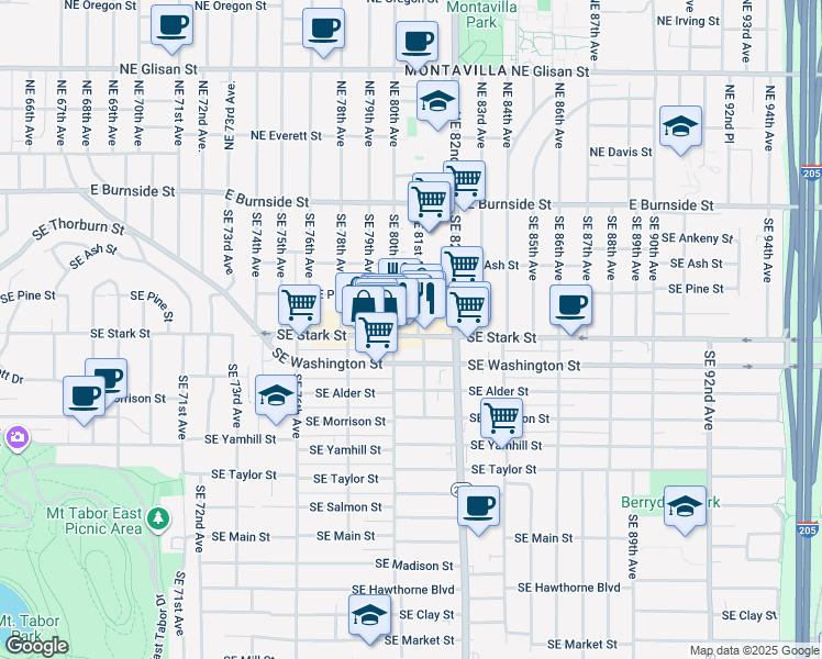 map of restaurants, bars, coffee shops, grocery stores, and more near 7912 Southeast Washington Street in Portland