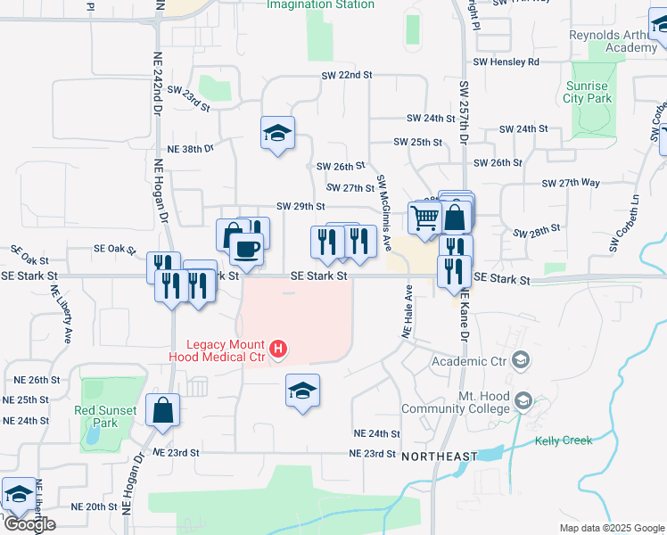 map of restaurants, bars, coffee shops, grocery stores, and more near 25206-25240 Southeast Stark Street in Gresham