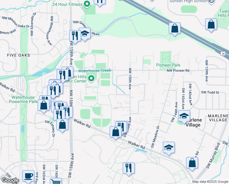 map of restaurants, bars, coffee shops, grocery stores, and more near 95 Southwest 152nd Avenue in Beaverton