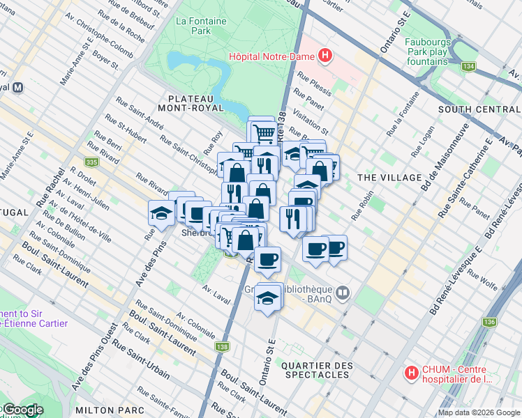 map of restaurants, bars, coffee shops, grocery stores, and more near 801 Rue Sherbrooke Est in Montréal