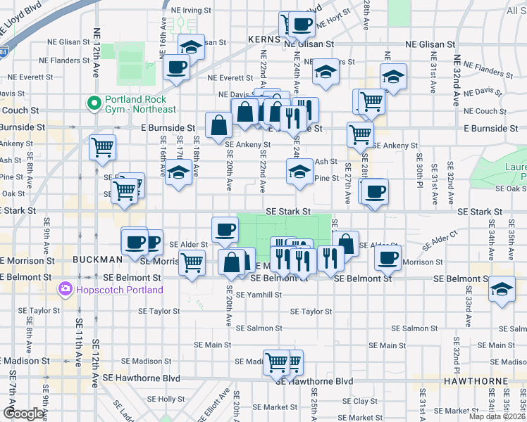 map of restaurants, bars, coffee shops, grocery stores, and more near SE Stark St & SE 22nd Ave in Portland