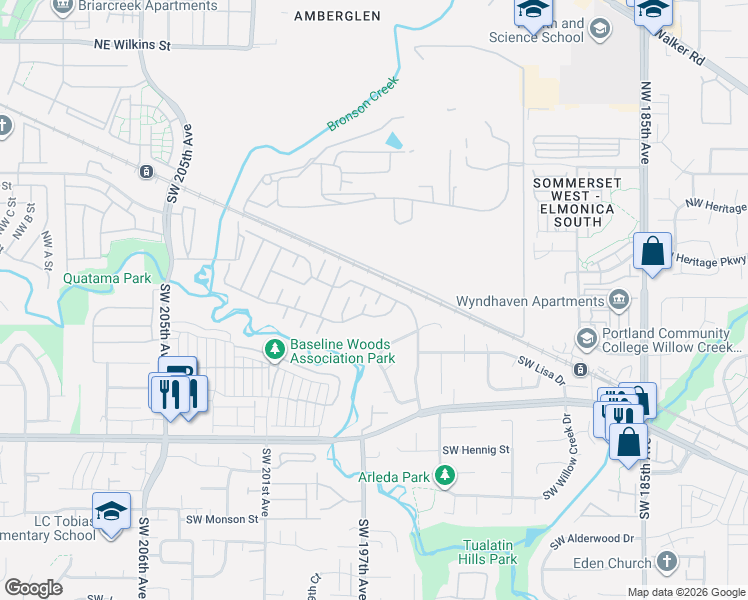 map of restaurants, bars, coffee shops, grocery stores, and more near 195 Redwood Drive in Beaverton