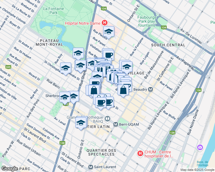 map of restaurants, bars, coffee shops, grocery stores, and more near 1857 Rue Saint-Timothée in Montréal