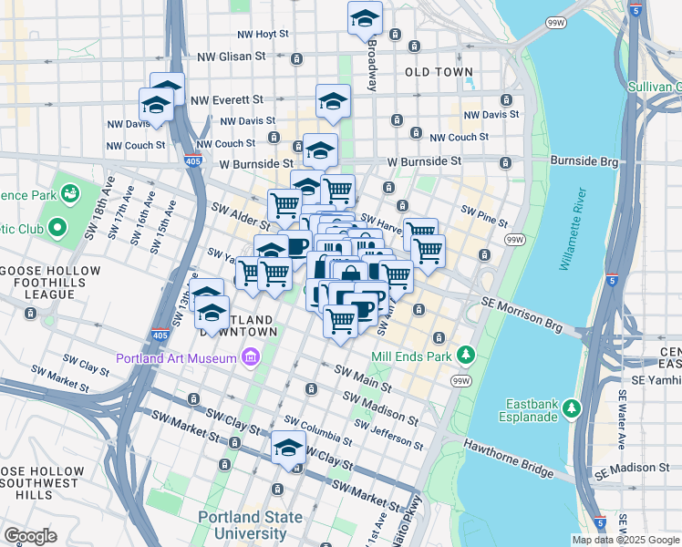 map of restaurants, bars, coffee shops, grocery stores, and more near 621 Southwest Morrison Street in Portland