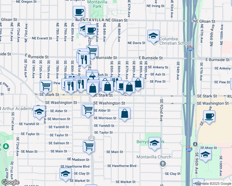map of restaurants, bars, coffee shops, grocery stores, and more near 8524 Southeast Stark Street in Portland
