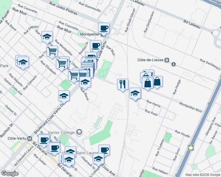 map of restaurants, bars, coffee shops, grocery stores, and more near 740 Boulevard Montpellier in Montréal