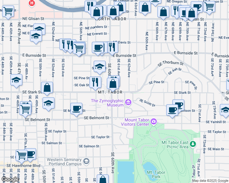 map of restaurants, bars, coffee shops, grocery stores, and more near 6031 Southeast Stark Street in Portland