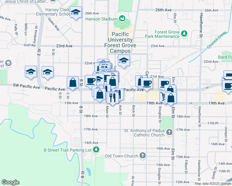 map of restaurants, bars, coffee shops, grocery stores, and more near 2028 Pacific Avenue in Forest Grove