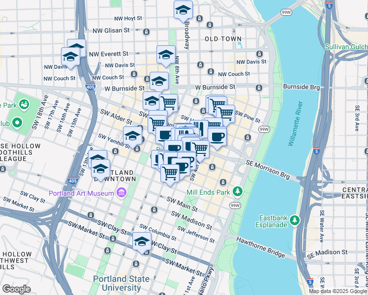 map of restaurants, bars, coffee shops, grocery stores, and more near 700 Southwest 5th Avenue in Portland