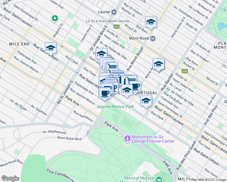 map of restaurants, bars, coffee shops, grocery stores, and more near 55 Avenue du Mont-Royal Ouest in Montréal