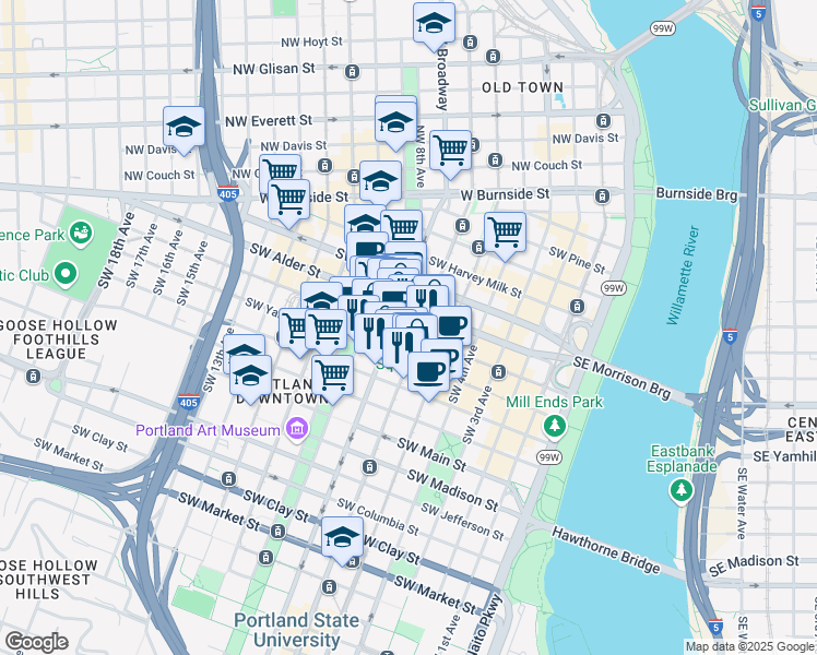 map of restaurants, bars, coffee shops, grocery stores, and more near in Portland