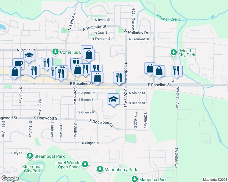 map of restaurants, bars, coffee shops, grocery stores, and more near 2478 South Alpine Street in Cornelius
