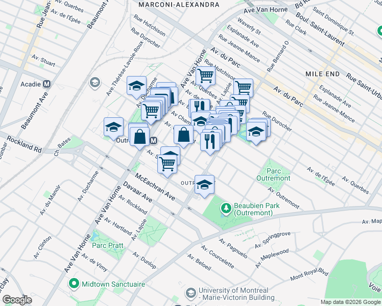 map of restaurants, bars, coffee shops, grocery stores, and more near 1350 Avenue Lajoie in Montrã©Al