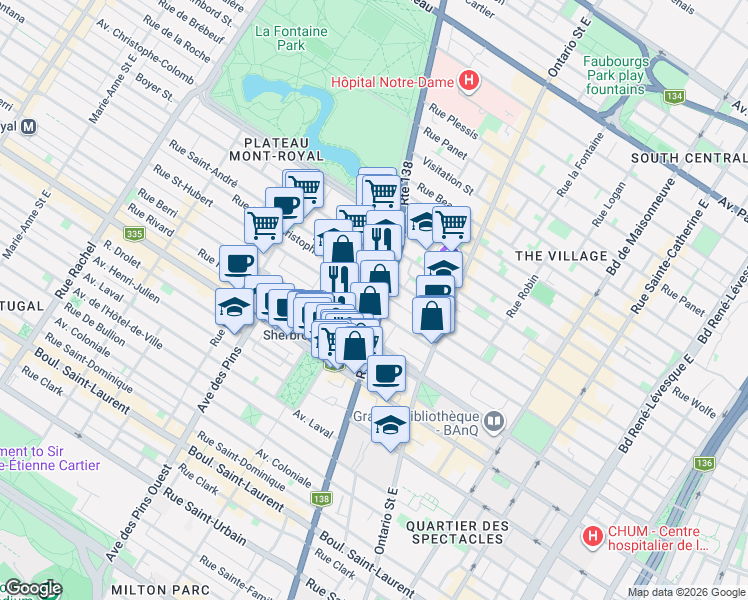 map of restaurants, bars, coffee shops, grocery stores, and more near 801 Rue Sherbrooke Est in Montréal