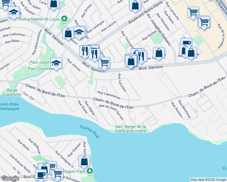 map of restaurants, bars, coffee shops, grocery stores, and more near 480 Rue de Laprairie in Laval