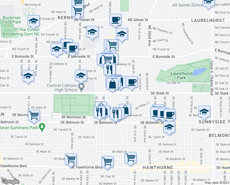 map of restaurants, bars, coffee shops, grocery stores, and more near 2835 Southeast Stark Street in Portland