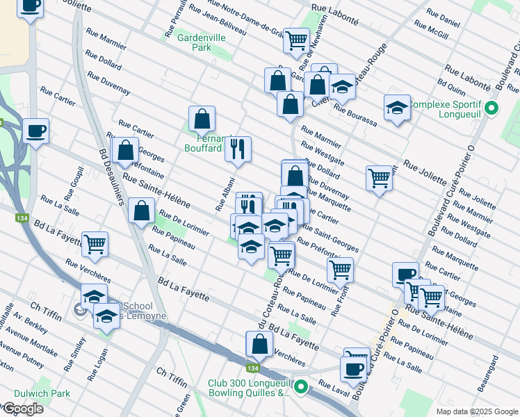 map of restaurants, bars, coffee shops, grocery stores, and more near 1083 Rue Saint Édouard in Longueuil