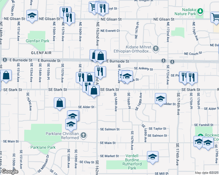 map of restaurants, bars, coffee shops, grocery stores, and more near 16360 Southeast Stark Street in Portland