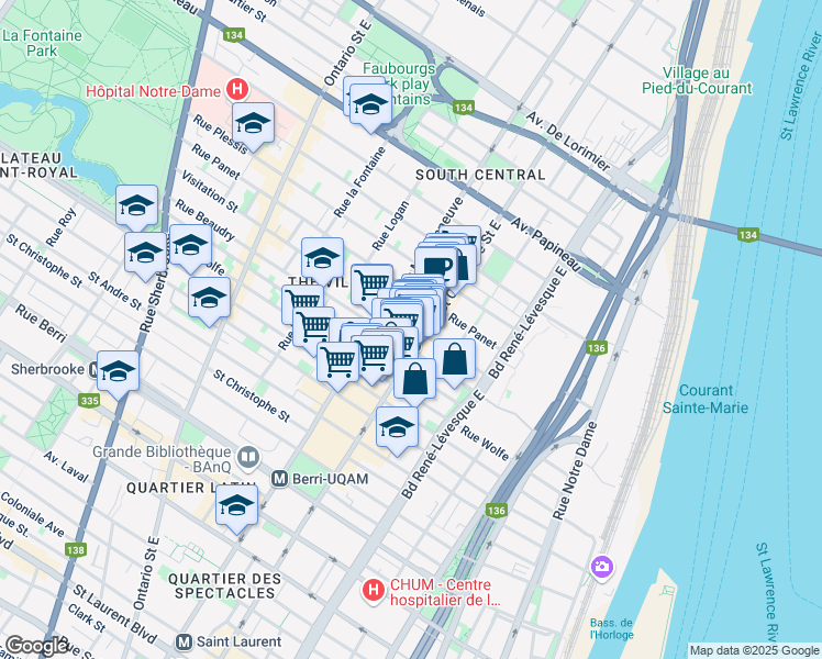 map of restaurants, bars, coffee shops, grocery stores, and more near 1422 Rue de la Visitation in Montréal