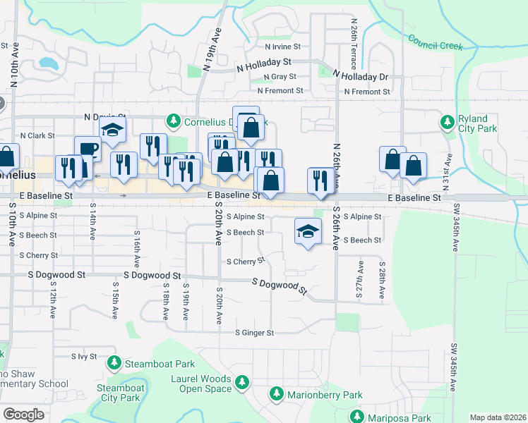map of restaurants, bars, coffee shops, grocery stores, and more near 2262 South Alpine Street in Cornelius