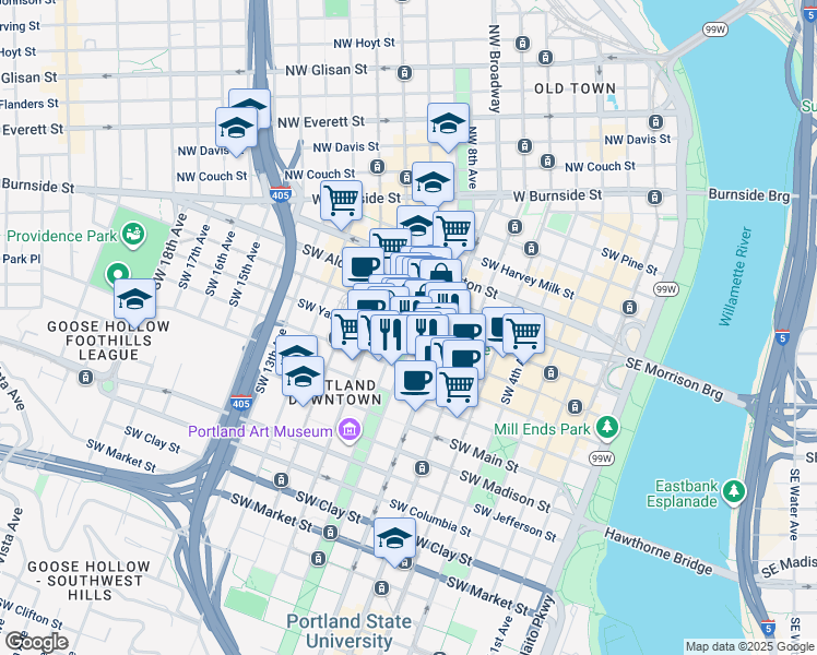 map of restaurants, bars, coffee shops, grocery stores, and more near in Portland