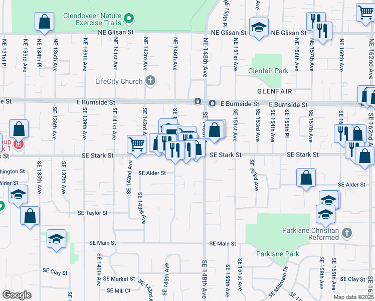map of restaurants, bars, coffee shops, grocery stores, and more near 14643 Southeast Stark Street in Portland