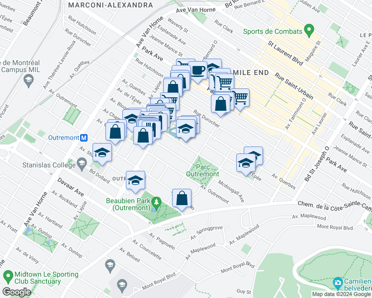 map of restaurants, bars, coffee shops, grocery stores, and more near 474 Avenue Bloomfield in Montréal