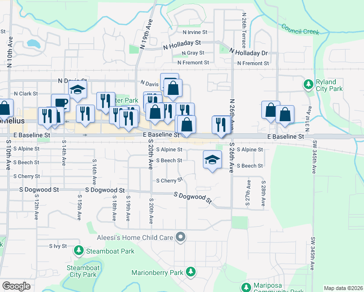map of restaurants, bars, coffee shops, grocery stores, and more near 2193 South Alpine Street in Cornelius