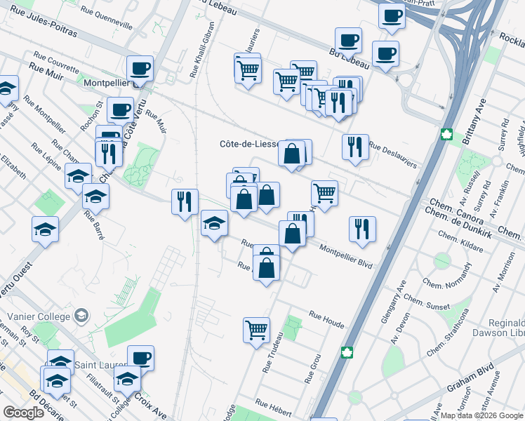 map of restaurants, bars, coffee shops, grocery stores, and more near in Montreal