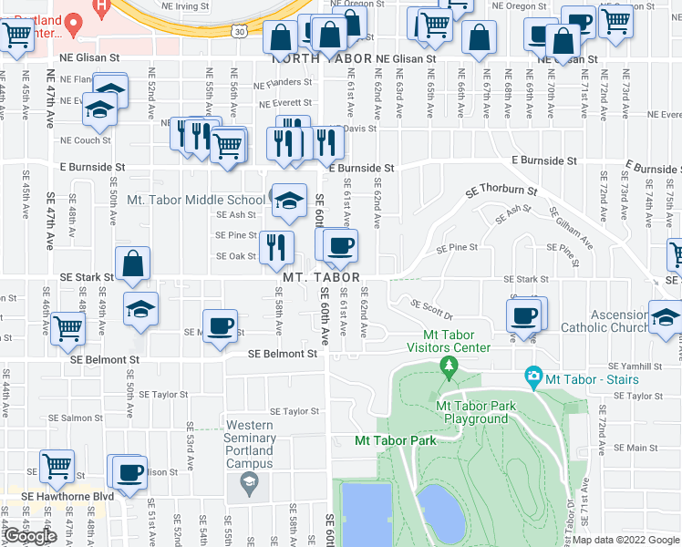 map of restaurants, bars, coffee shops, grocery stores, and more near 6049 Southeast Stark Street in Portland