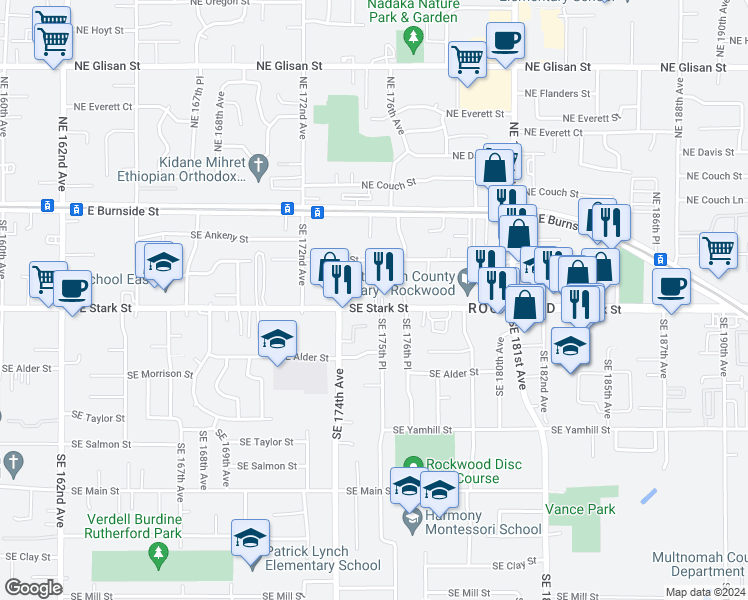 map of restaurants, bars, coffee shops, grocery stores, and more near 17544 Southeast Stark Street in Portland