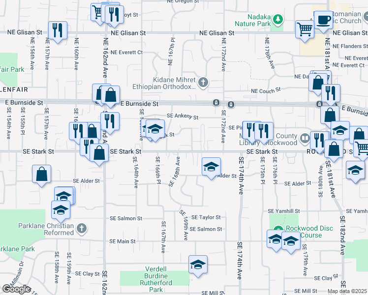 map of restaurants, bars, coffee shops, grocery stores, and more near 16822 Southeast Stark Street in Portland