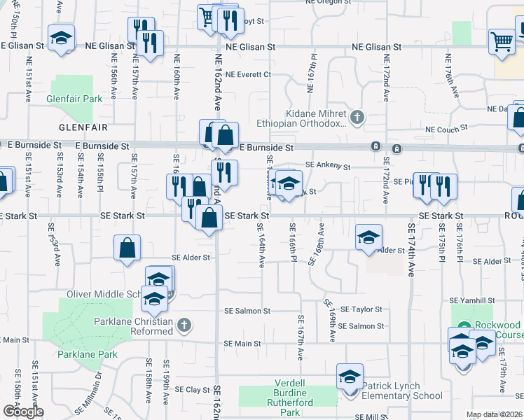 map of restaurants, bars, coffee shops, grocery stores, and more near 16360 Southeast Stark Street in Portland
