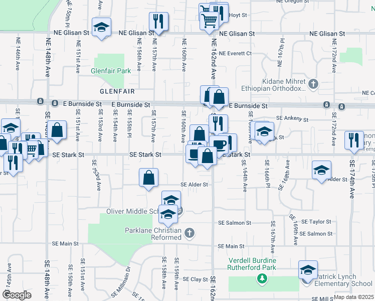 map of restaurants, bars, coffee shops, grocery stores, and more near 16000 Southeast Stark Street in Portland