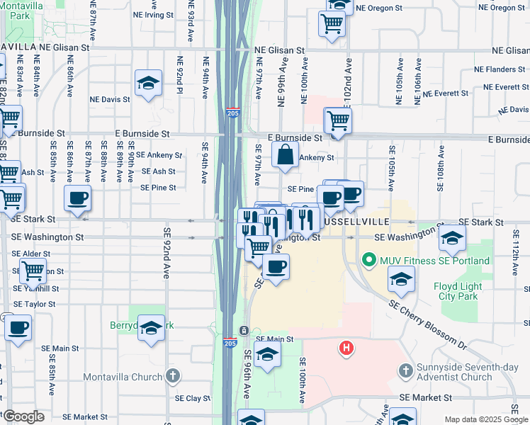 map of restaurants, bars, coffee shops, grocery stores, and more near 9660 Southeast Stark Street in Portland