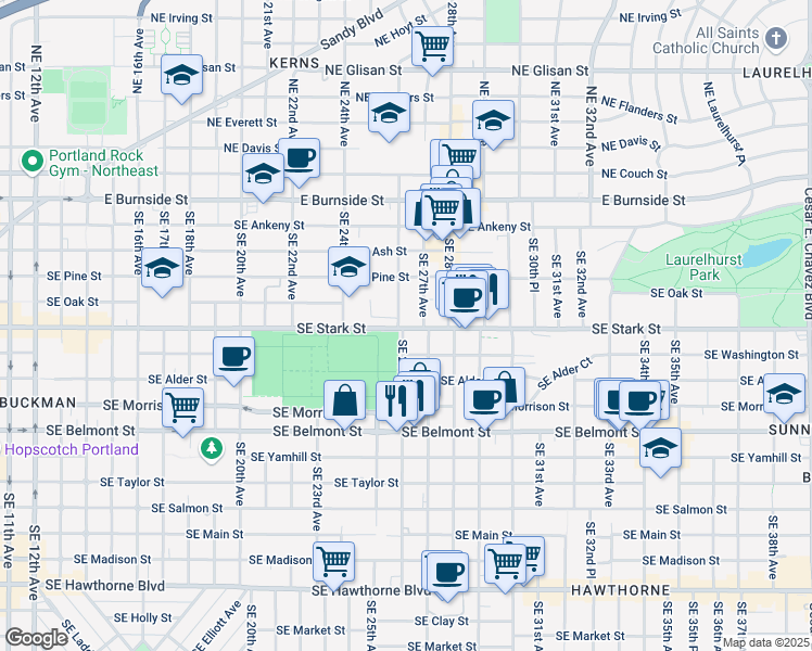 map of restaurants, bars, coffee shops, grocery stores, and more near 515 Southeast 27th Avenue in Portland