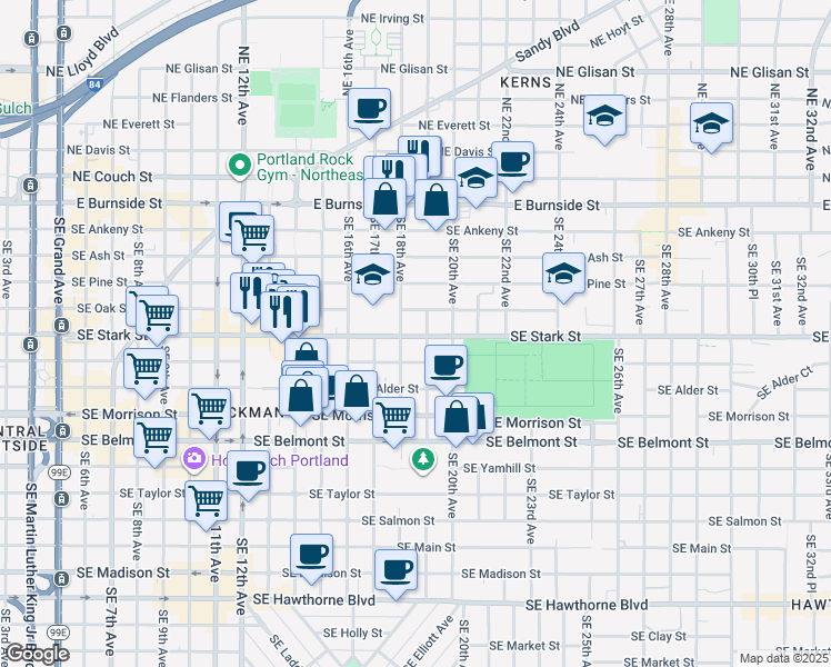 map of restaurants, bars, coffee shops, grocery stores, and more near 1800 Southeast Stark Street in Portland