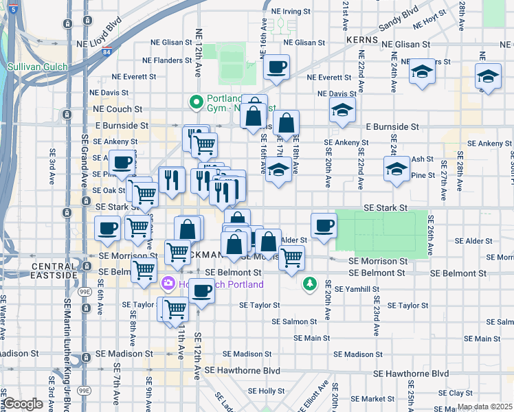 map of restaurants, bars, coffee shops, grocery stores, and more near 1436 Southeast Stark Street in Portland