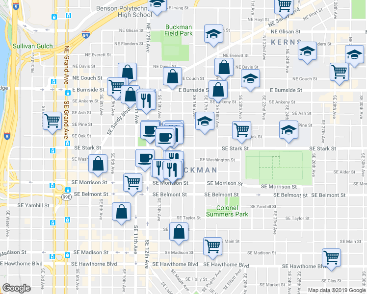 map of restaurants, bars, coffee shops, grocery stores, and more near 1436 Southeast Stark Street in Portland