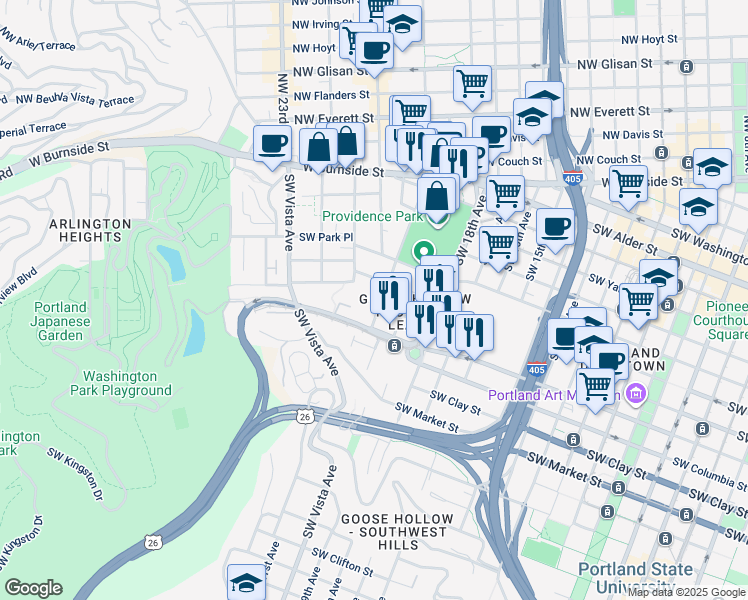 map of restaurants, bars, coffee shops, grocery stores, and more near 1924 Southwest Madison Street in Portland