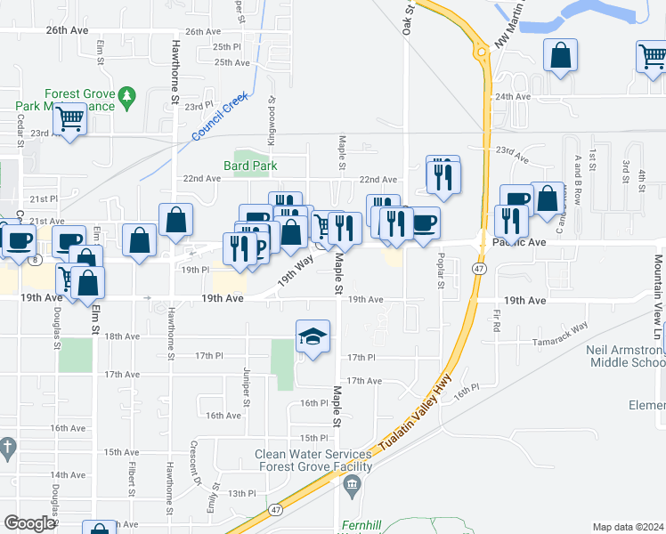 map of restaurants, bars, coffee shops, grocery stores, and more near 1926 Maple Street in Forest Grove
