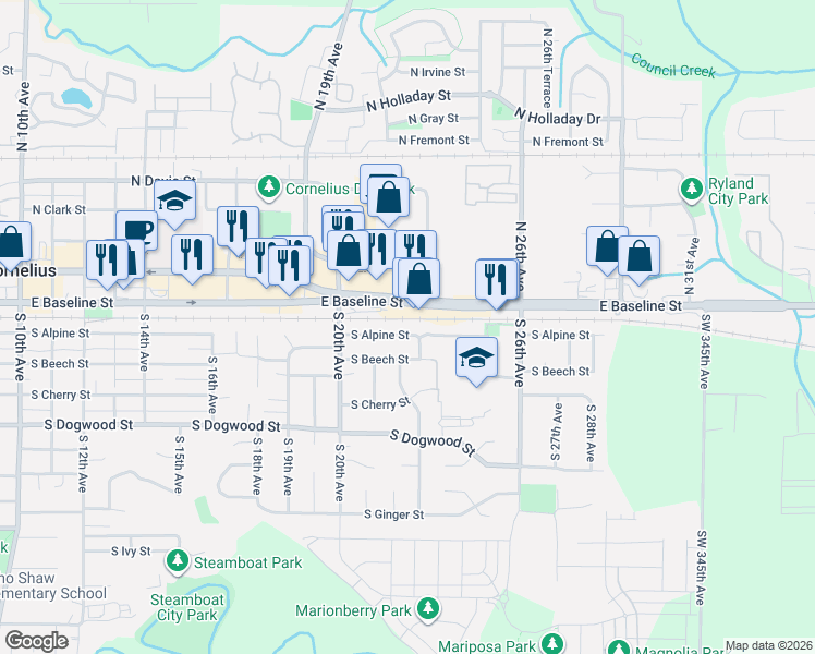 map of restaurants, bars, coffee shops, grocery stores, and more near 2262 South Alpine Street in Cornelius