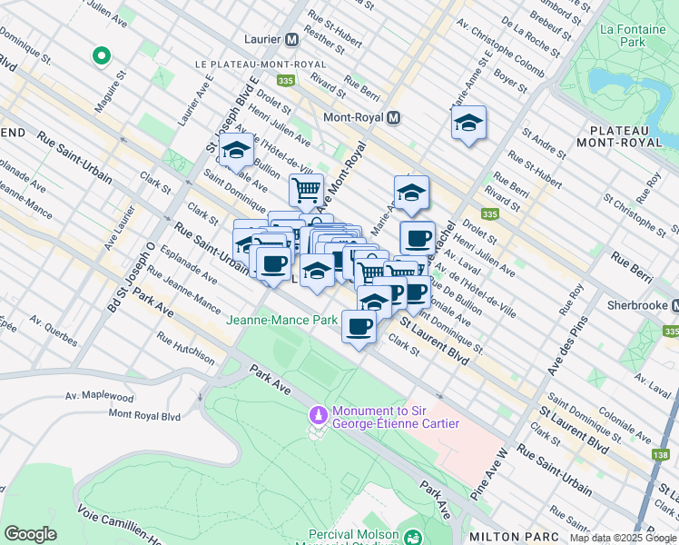 map of restaurants, bars, coffee shops, grocery stores, and more near in Montréal