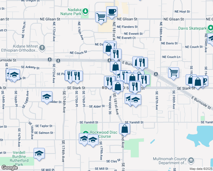 map of restaurants, bars, coffee shops, grocery stores, and more near 18000 Southeast Stark Street in Portland